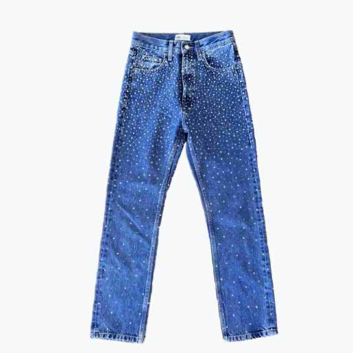 Mid Denim Zara Cotton Straight Leg Jeans With Diamontes