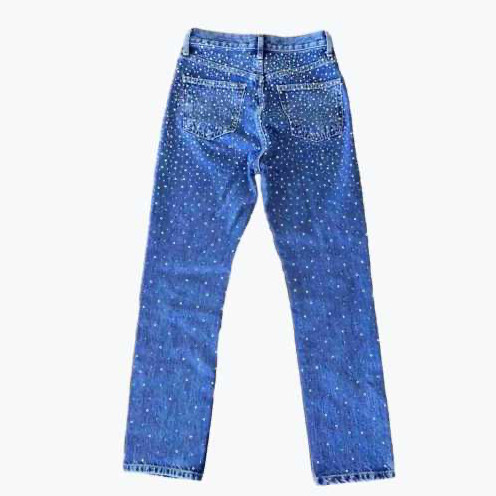Mid Denim Zara Cotton Straight Leg Jeans With Diamontes
