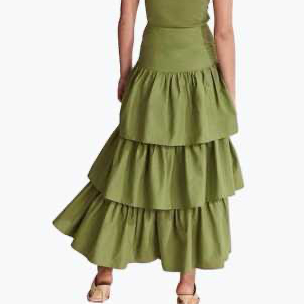 Green Country Road Cotton Long Ruffle Skirt